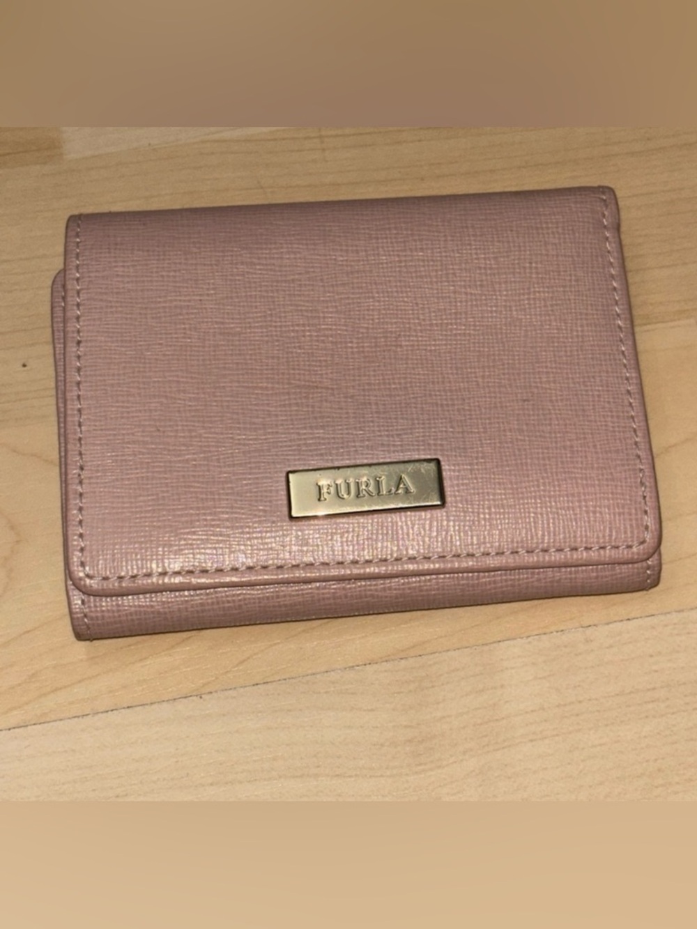 Furla Tri-Fold Genuine Leather Wallet Blush Pink Gold Logo Feminine Minimalist